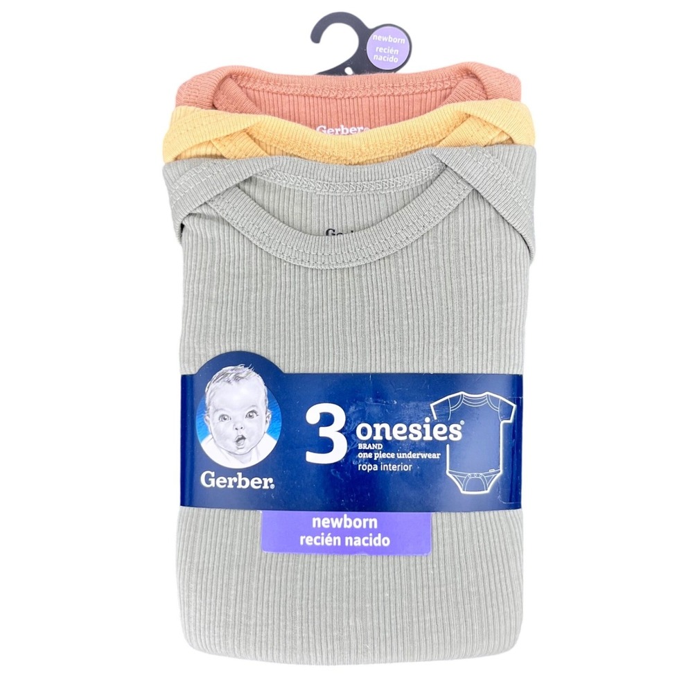 Gerber Onesies Bodysuits Newborn Unisex  Green Yellow Ribbed Cotton 3-Pack NEW